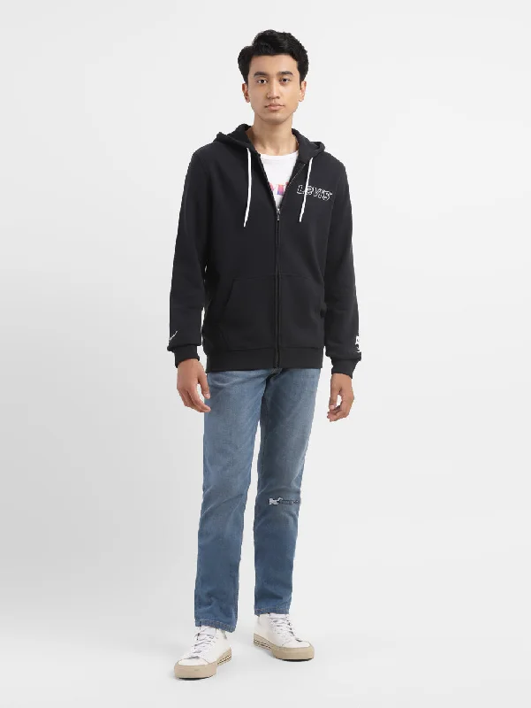 Men's Brand Logo Black Hooded Sweatshirt Practical Men's Quick