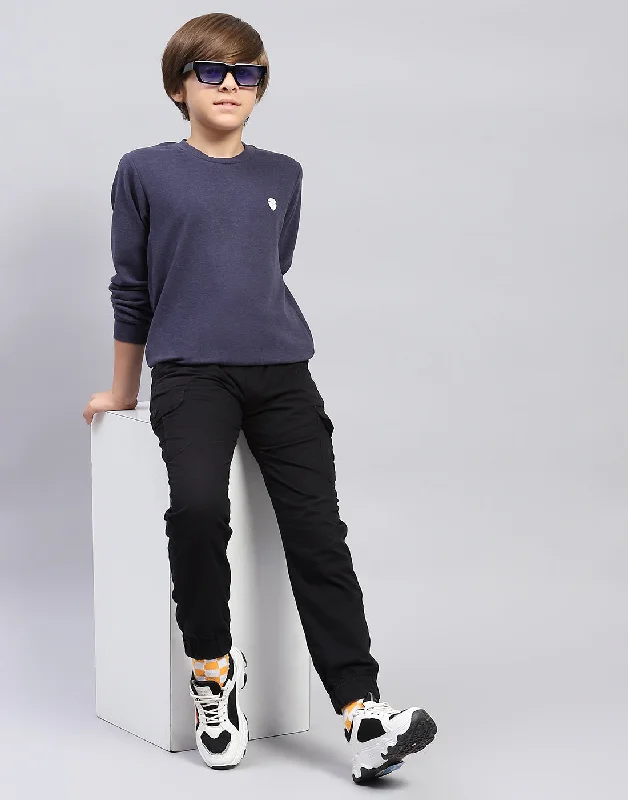 Boys Navy Blue Solid Round Neck Full Sleeve Sweatshirt Polished Men's Silk