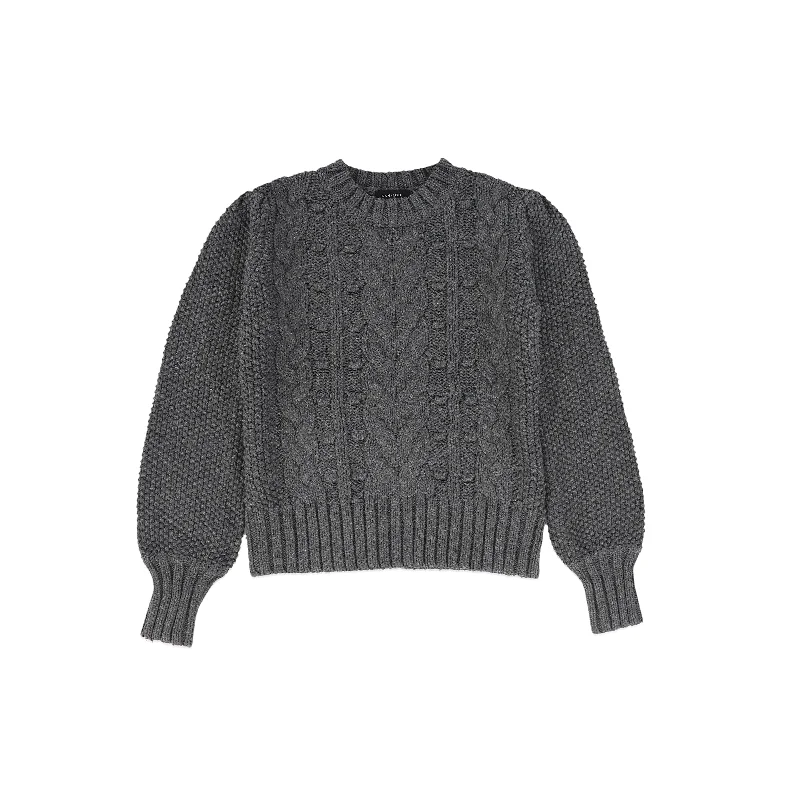 C14642-CABLE KNIT PUFF SLEEVE SWEATER-Grey Laid