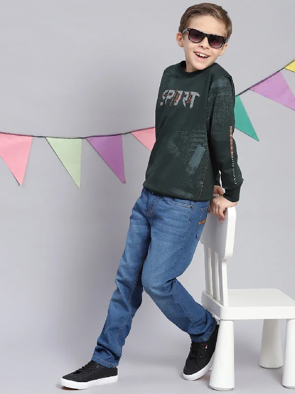 Boys Green Printed Round Neck Full Sleeve Sweatshirt Modern Men's Tech