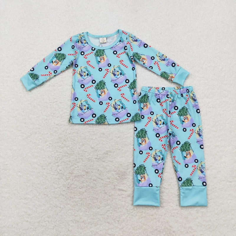 BLP0694 bluey Modal Christmas Tree Buggy Crutch Blue long sleeve pants pajamas set Streetwear Style BLP0694 bluey Modal Christmas Tree Buggy Crutch Blue long sleeve pants pajamas set Streetwear Style