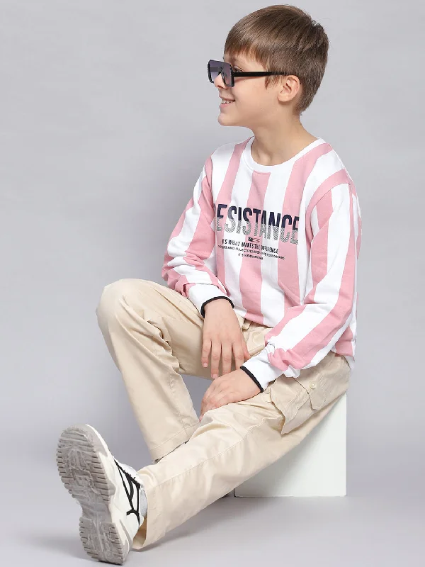 Boys Pink Stripe Round Neck Full Sleeve Sweatshirt Cool Men's Distressed