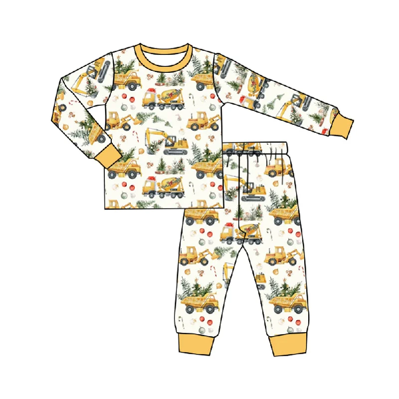 Preorder BLP0649 NO MOQ Christmas tree engineering car beige long sleeve trousers pajamas set Relaxed Men's Beach