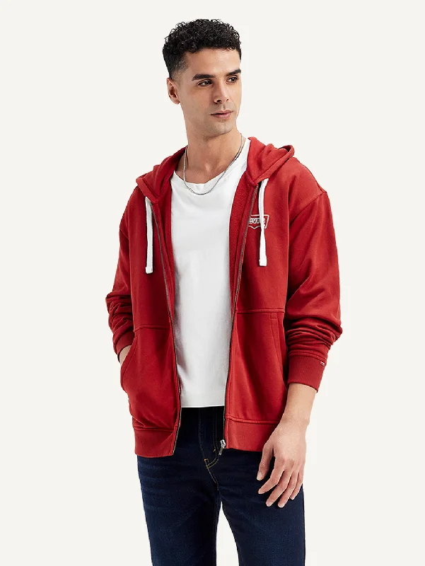 Men's Solid Red Hooded Sweatshirt Sophisticated Men's French