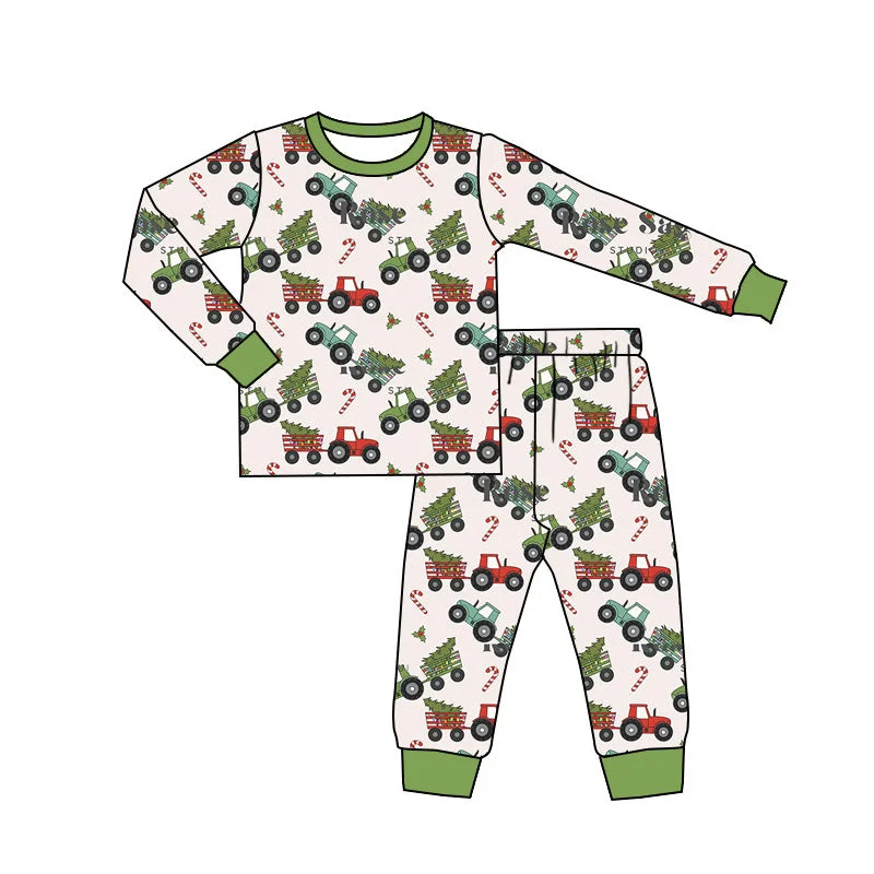 Preorder BLP0849 Christmas tree tractor crutch beige green long sleeve pants pajamas set Cool Men's Distressed