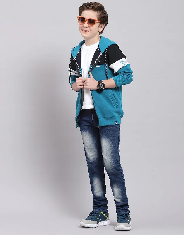 Boys Teal Blue Printed Hooded Full Sleeve Sweatshirt Athletic Men's Compression