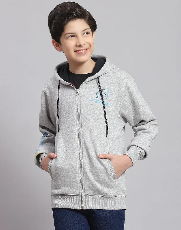 Boys Grey Melange Printed Hooded Full Sleeve Sweatshirt Trendy Men's Scandinavian