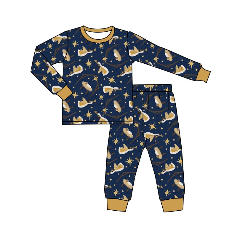 Preorder BLP0670 NO MOQ Christmas Jesus navy blue long sleeve pants pajamas set Elegant Men's Cashmere